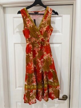 Chaudry Red & Olive Floral V-Neck Midi Dress